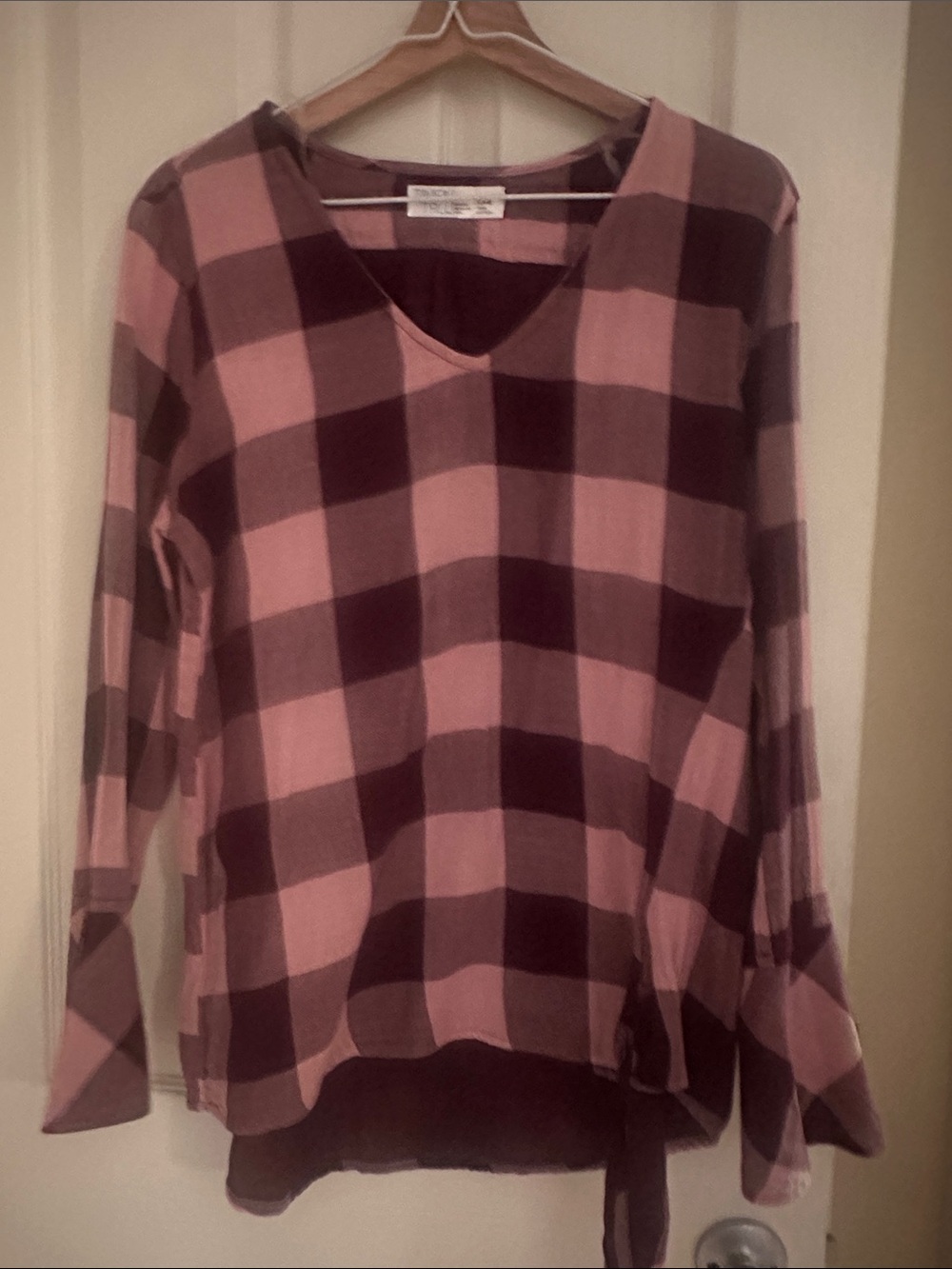 Women's Pink and Burgundy Buffalo Plaid V-Neck Top